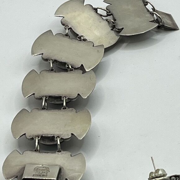 Mexican 925 and Onyx bracelet and earring set. w/ Aztec Floral Motif - Picture 5 of 7